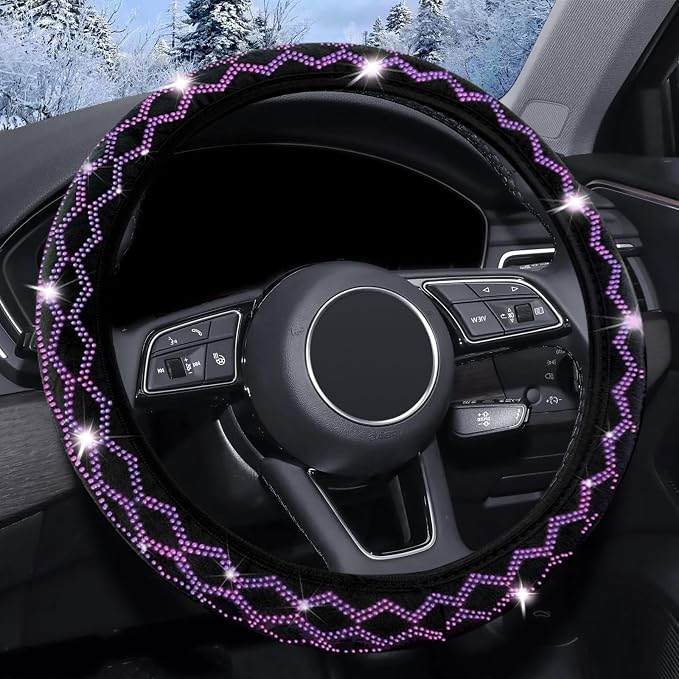 Bling Rhinestone Steering Wheel Cover with Crystal Diamond for Women, Sparkling Car Wheel Protector Universal Fit 15 Inch (Black with Purple Diamond, Standard Size(14"" 1/2-15"" 1/4))