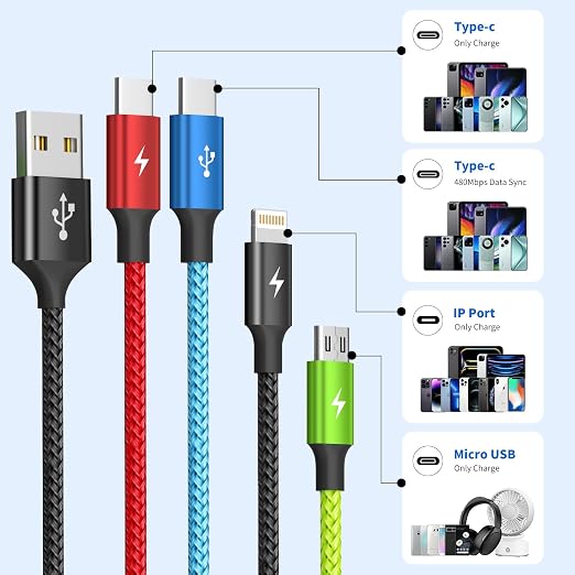 4 in 1 Multi Charging Cable, 2 Pack 5FT Charging Cords for Multiple Devices | USB Cable Phone Charger with USB C, IP and Micro, Nylon Braided, Cruise Essentials 2026, Travel Car Accessories