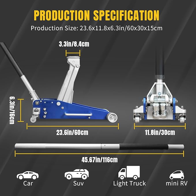 Floor Jack 3 Ton Hydraulic Low Profile Aluminum and Steel Racing Car Jack with Fast Lifting Dual Pump for SUV,Truck, MVP,6600 lbs Capacity