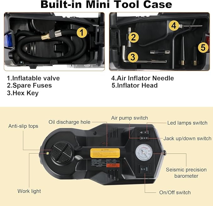 Electric Car Jack Kit 5 Ton 12V Floor Jack with Impact Wrench and Tire Inflator Pump Portable Hydraulic Car Jack for SUV Sedans Tire Change with LED Light, Lifting Height 6 to 17.7 Inch (Black)
