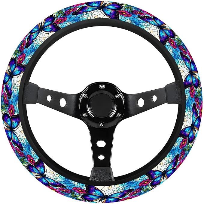 Blue Butterfly Steering Wheel Cover, Non Slip Polyester Car Wheel Protector for Car SUV Truck, Universal 15 Inch