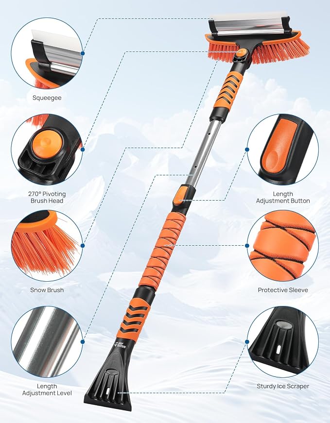 41.5IN Extendable Snow Brush and Ice Scraper, 270°Pivoting Snow Scraper Brush for Car Windshield, Telescoping Ice Scraper, Foam Grip, Heavy Duty Snow Remover for Cars, Trucks, SUV (Orange)