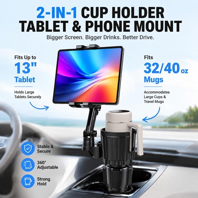 Universal 2-in-1 Car Cup Holder Expander Heavy Duty Adjustable Offset Base Tablet Mount for 4.5-13" Devices, Fits Large 32/40 oz Insulated Mugs and Bottles, Truck & SUV Interior Accessories