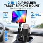 Universal 2-in-1 Car Cup Holder Expander Heavy Duty Adjustable Offset Base Tablet Mount for 4.5-13" Devices, Fits Large 32/40 oz Insulated Mugs and Bottles, Truck & SUV Interior Accessories