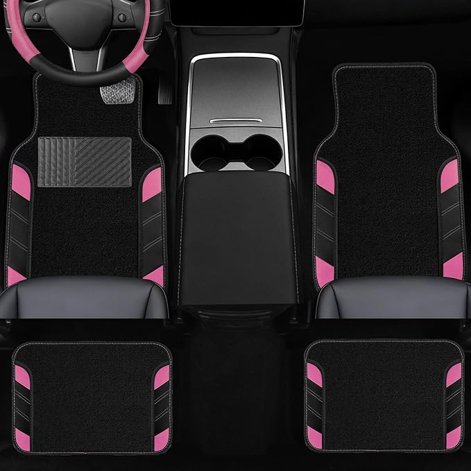 10 Pcs Car Floor Mats Full Set & Sport Leather Steering Wheel Cover 14.5-15 inch, Center Console Cover, Seat Belt Cushion, Cup Holder Coaster, Universal Automobile Interior Sets (Pink)