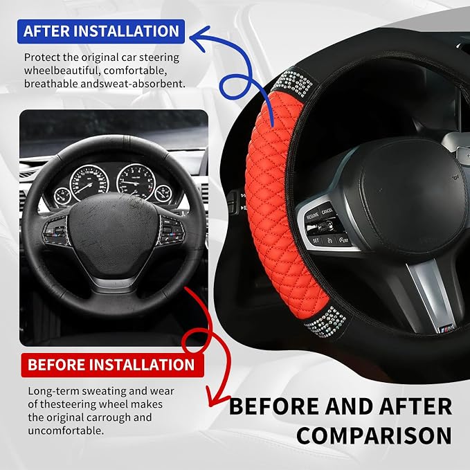 Bling Car Steering Wheel Cover, 15 Inch Rhinestones Soft Leather Elastic Steering Wheel Protector, Sparkly Crystal Diamond for Women, Car Interior Accessories for Most Cars (Red)