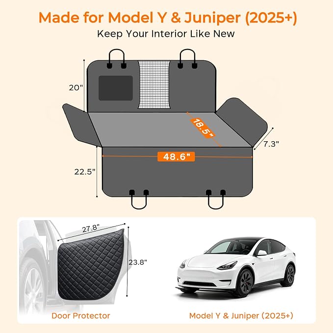 Dog Car Seat Cover for Tesla Model Y & Juniper (2025+) with Door Protectors, Waterproof Seat Cover Hammock 600D Heavy Duty Scratch Proof Nonslip Durable Soft Back Seat Covers