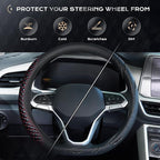 Coverado Car Steering Wheel Cover, Nappa Leather Black & Redline Steering Wheel Covers, Universal 14-15 inch, Anti-Slip, Breathable Steering Wheel Protector for Women Men