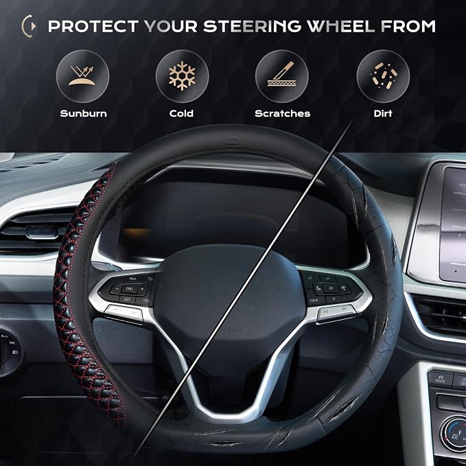 Coverado Car Steering Wheel Cover, Nappa Leather Black & Redline Steering Wheel Covers, Universal 14-15 inch, Anti-Slip, Breathable Steering Wheel Protector for Women Men