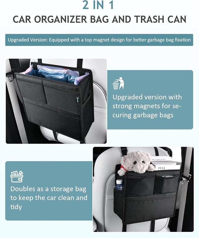 2 Pack Car Backseat Organizer and Trash Can 2-in-1, Premium Hanging Front and Seat Back Organizer, Waterproof Organizer Storage Upgraded for Car Truck SUV