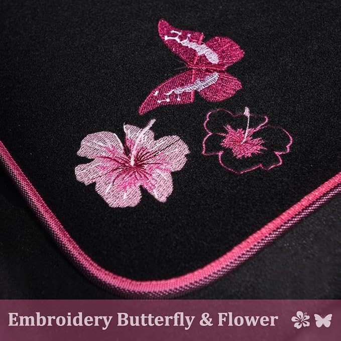 Embroidery Butterfly and Flower Car Floor Mats, Pink Car Floor Mats Universal Fit 95% Automotive,SUVS,Sedan,Vans,for Cute Women,Girly,Set of 4 (Black with Pink)