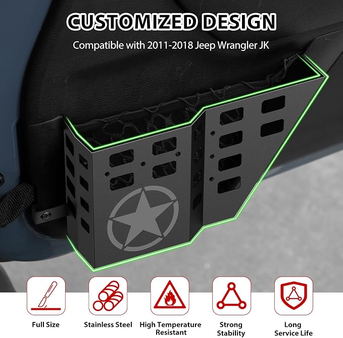 Metal Front Door Storage Box Pockets Fit for Wrangler,Side Insert Organizer for Wrangler JK JKU 2007 2008 2009 2010 2011-2018 Interior Door Storage Expansion Accessories 2PCS (Five-pointed Star)