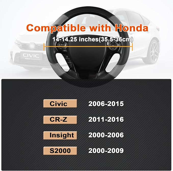 Steering Wheel Cover for Honda Civic(2006-2015),CR-Z, Insight, S2000 (Gray+Black-Small Size)