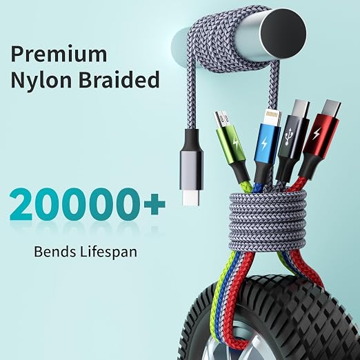 USB C Multi Charging Cable 1Pack 5FT, 4 in 1 Charging Cable Nylon Braided USB-C Multiple Charger Cord with Micro USB,IP Port and 2 Type C Adapter Port for iPhone 17/16 Series/Cell Phones and More
