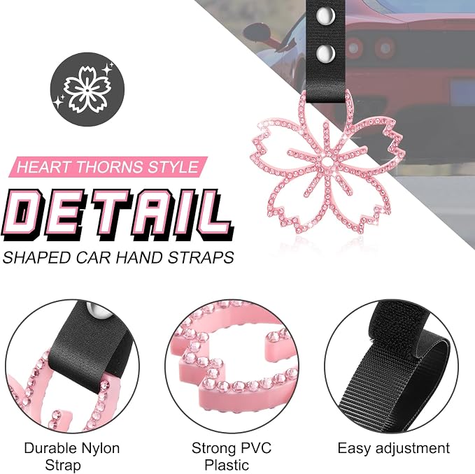 Cherry Blossoms Car Handle Strap Drift Charm Car Accessories Bling Handle Ring for Women Rear Bumper Warning Ring Decor for Auto Bus Interior Exterior Decoration (Pink, Sakura Style)