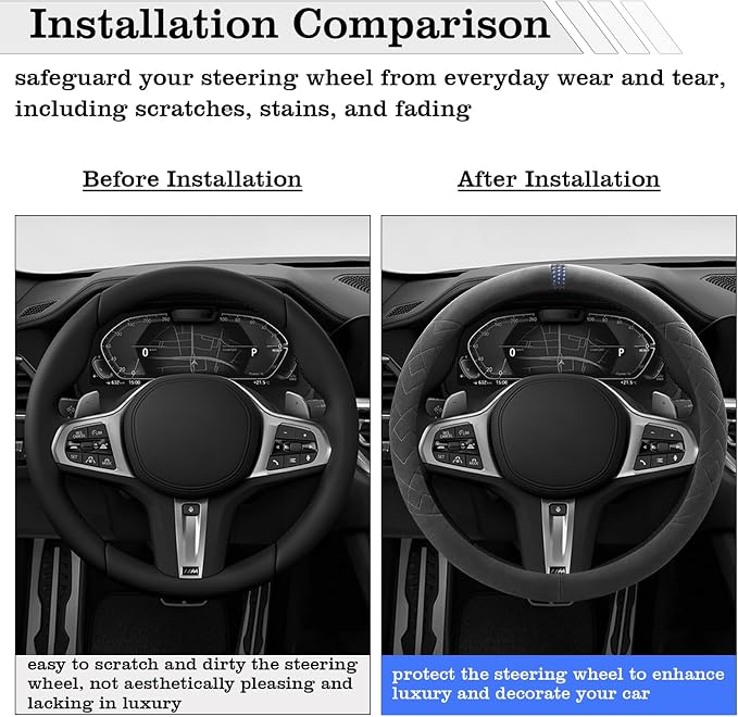 Car Leather Steering Wheel Cover - Panapi Material, Universal 14.5-15 Inch Leather Anti-Slip Breathable Auto Steering Wheel Covers for Men Women (Suede-Black with Blue Mark)