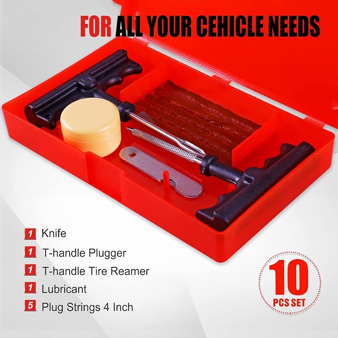 10-Piece Economical Tire Repair Kit – Flat Tire Plug Kit with T-Handle Tools, Storage Case – Fix Punctures Fast, – Ideal for Car, Truck, Motorcycle, ATV