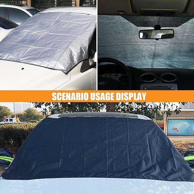 82"×49" Car Windshield Cover for Ice and Snow, All-Seasons Windshield Sunshade with Anti-Theft Straps and Side Mirror Covers, Waterproof Windproof Car Frost Protector, Portable Winter Car Accessories