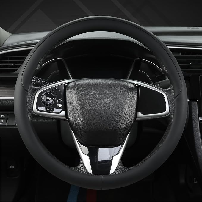 Thin Slim Car Steering Wheel Cover, Universal 14.5-15 inch Nappa Leather Steering Wheel Cover, Ultra Thin, Anti-Slip, Breathable(Black-Standard Size)