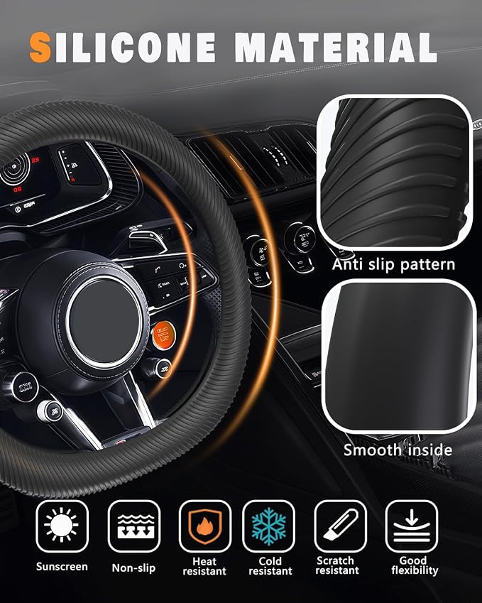 Car Steering Wheel Cover, Thin Anti-Skid Silicone Steering Wheel Cover for Men & Women, Universal Automotive Interior Accessories for Most Cars (Black)