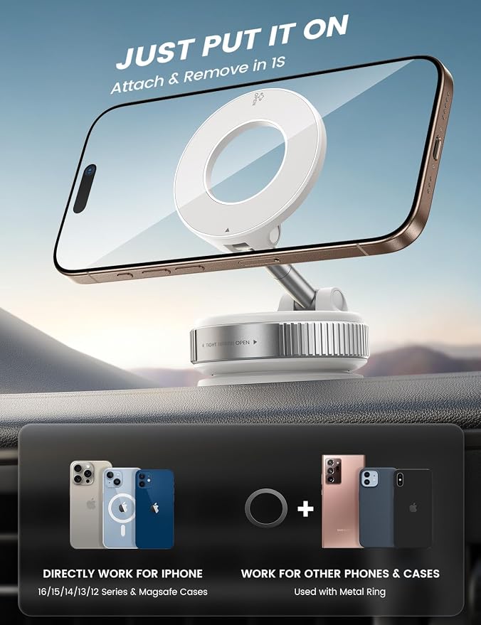 Car Phone Mount - [70 LBS Strongest Suction] for Magsafe Car Mount, 360° Adjustable Suction Cup Phone Mount Dashboard Windshield Vacuum Magnetic Phone Holder for Car White