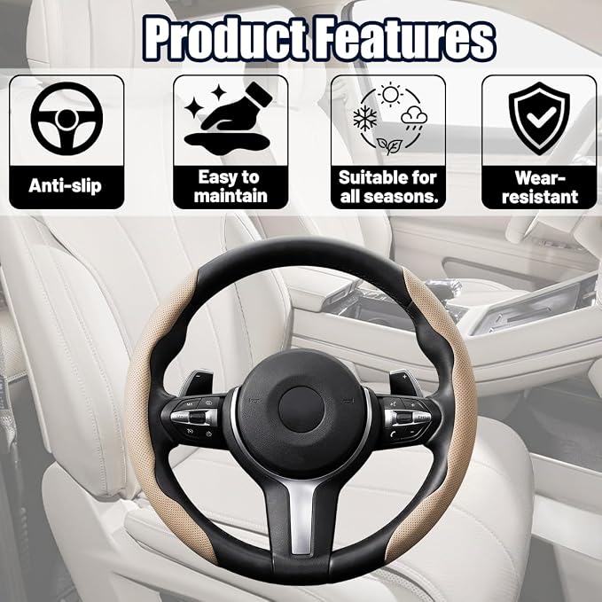 2PCS/Set Car Steering Wheel Cover, Leather Segmented Anti-Slip Automotive Wheel Protector, Soft Breathable Vehicle Steering Protection Covers, Universal Interior Accessories (Beige)