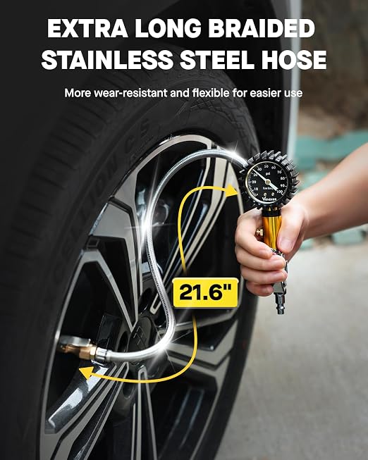 Tire Inflator with Pressure Gauge (0-100 PSI) with Large 2" Glow Dial- ANSI B40.1 Accurate, Premium Braided Hose, Durable Rubber Cover, Perfect for Car, Truck, Motorcycle, RV