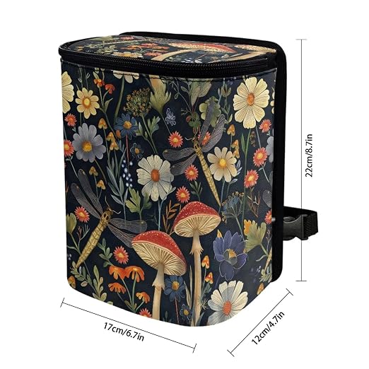 Mushroom Dragonfly Daisy Print Car Trash Can with Lid, Leak Proof Auto Trash Bag Hanging Vehicle Garbage Can Multipurpose Storage Container for Back Seat Road Trip