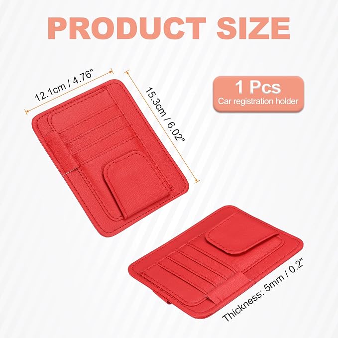 Car Sun Visor Organizer 6.02" x 4.76" Leather Multi-Pocket Visor Card Sleeve Pocket Car Truck SUV Interior Storage Pouch for Driving License Credit Cards Bills Sunglasses, Red