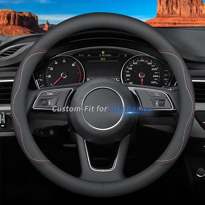 Custom-Fit for Alfa Romeo Steering Wheel Cover, Premium Leather Car Steering Wheel Cover with Logo, Non-Slip, Breathable (A-Style,for Alfa Romeo)