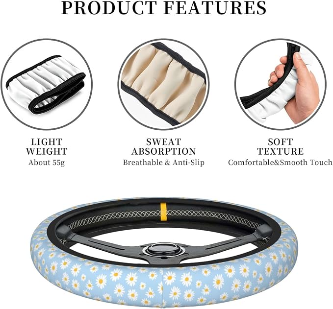 Universal 15 Inch Steering Wheel Cover, Cute Daisy Floral Neoprene Anti-Slip Wheel Protector, Durable & Breathable Car Accessory, Heat & Cold Protection for Most Sedans, SUVs, and Trucks