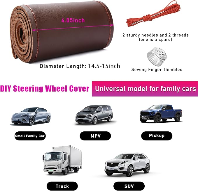 Genuine Leather Steering Wheel Cover, Stitch on Wrap, Breathable Anti-Slip Car Steering Wheel Protector for Max Diameter 15 Inch, DIY Sewing with Needles Thread (Coffee, Glossy)