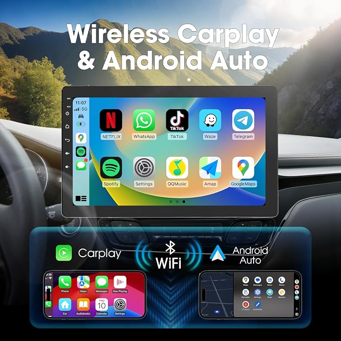 10.1 inch Single Din Car Stereo, Rotatable Touch Screen Radio with Wireless Apple CarPlay & Android Auto, Backup Camera, Mirror Link, SWC, GPS, Voice Control, Bluetooth, WiFi
