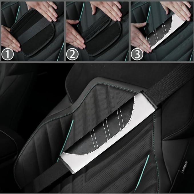10 Pcs Car Floor Mats Full Set & Sport Leather Steering Wheel Cover 14.5-15 inch, Center Console Cover, Seat Belt Cushion, Cup Holder Coaster, Universal Automobile Interior Sets (White)