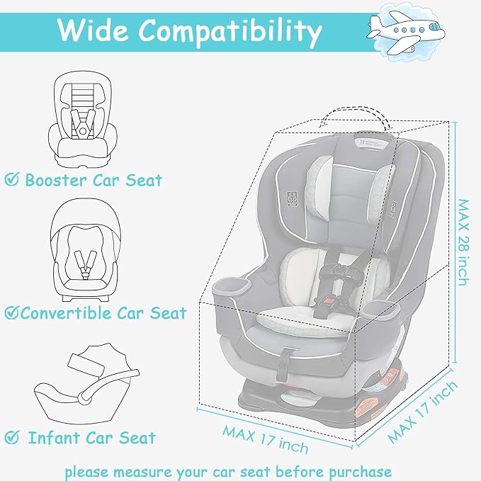 Padded Car Seat Travel Bag for Air Travel, Carseat Cover Backpack with Shoulder Straps, Large Carseat Gate Check Bag, Baby Travel Essential(Light Cyan)