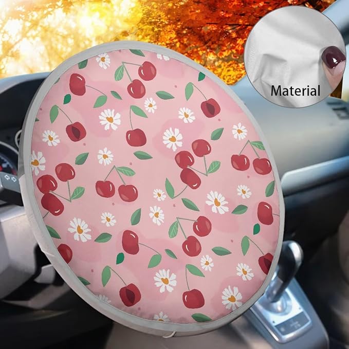 Pink Steering Wheel Sun Shade Cover,Cherry Car Accessories Cooling Steering Wheel Cover Women,Anti-Heat Steering Wheel Sun Block Cover,17 inch Universal Fit for Cars SUV Trucks Sedan