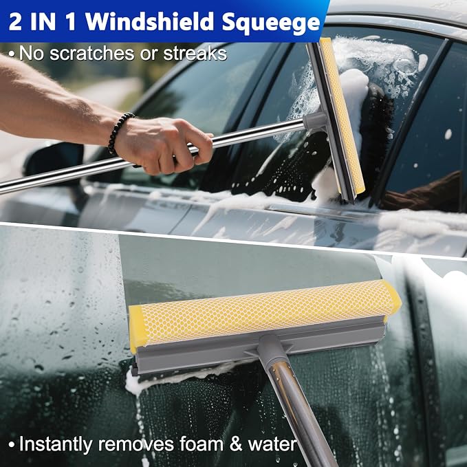 Car Wash Kit, 62'' Car Washing Brush with Long Handle, Extendable Car Wash Brush Mop with 2-in-1 Windshield Squeegee and 9Pcs Detailing Brushes, Gray Car Detailing Kit Gift for Men