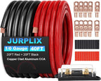 1/0 Gauge Wire 1/0 Battery Cable (20FT Red+20FT Black), Copper Clad Aluminum CCA Amp Wiring Kit with 250A ANL Fuse Holder, Lugs Terminal Connector & Heat Shrink Tube for Car Audio Speaker, Marine