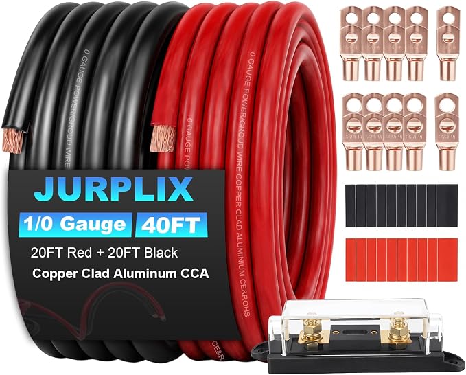 1/0 Gauge Wire 1/0 Battery Cable (20FT Red+20FT Black), Copper Clad Aluminum CCA Amp Wiring Kit with 250A ANL Fuse Holder, Lugs Terminal Connector & Heat Shrink Tube for Car Audio Speaker, Marine