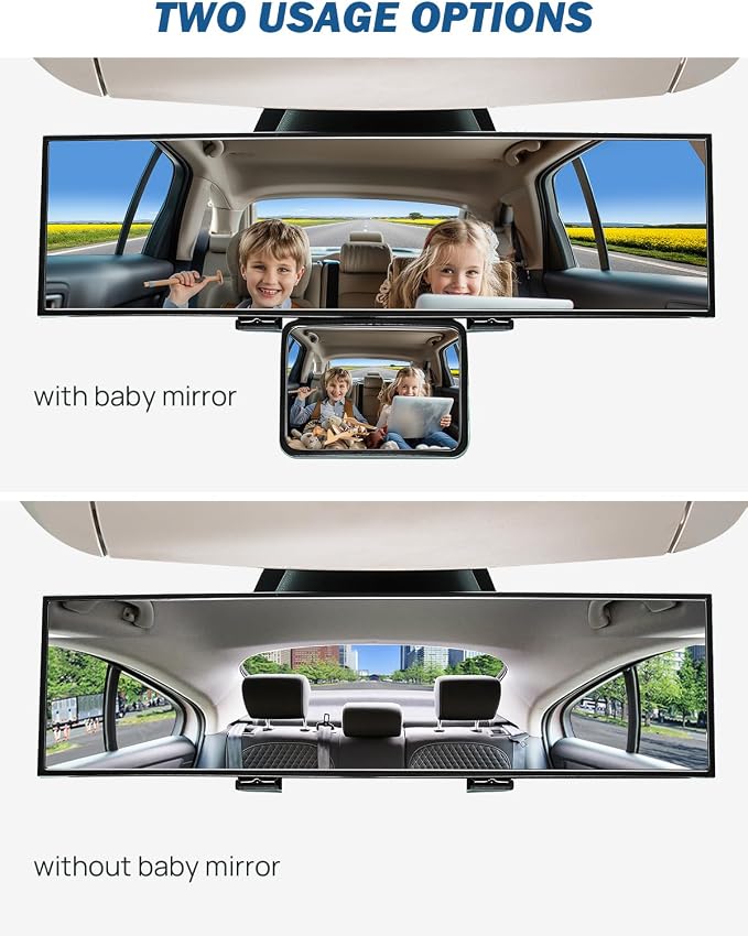 Car Rear View Mirror with Baby Mirror, Universal 11 Inch Panoramic Convex Rearview, Clip-On Wide Angle Rear View Reduce Blind Spot Effectively for Car and Can Keep an Eye on the Back Seat