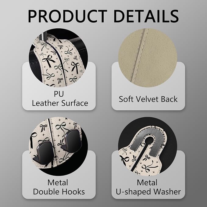 2PCS Car Hooks for Purses Bags, Cute Black Ribbon Bow Seat Back Storage Headrest Holder Hanger PU Leather Double Metal Backseat Organizer, Women Car Accessories Organization