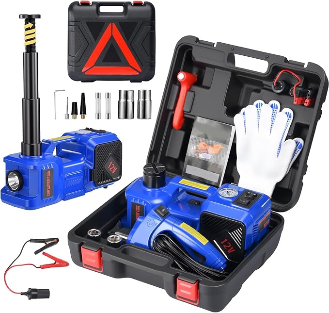 Electric Car Jack kit 5 Ton 12V Electric Floor Jack Lift for Vehicle, Electric Hydraulic Jack Auto Repair Tool Set with Built-in Inflator and Impact Wrench for SUV Sedan Truck Tire Change Blue