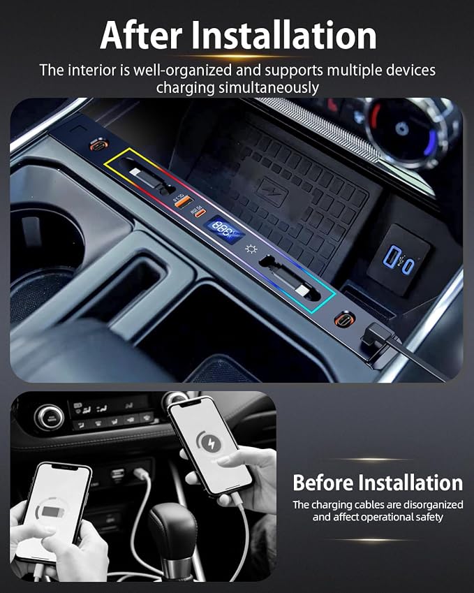 Car Fast Charger for Ford F150 XLT 2022 2023 2024 with 8-Color Ambient Light, Multi Port Retractable Hub for Ford F150 Accessories (PF338)