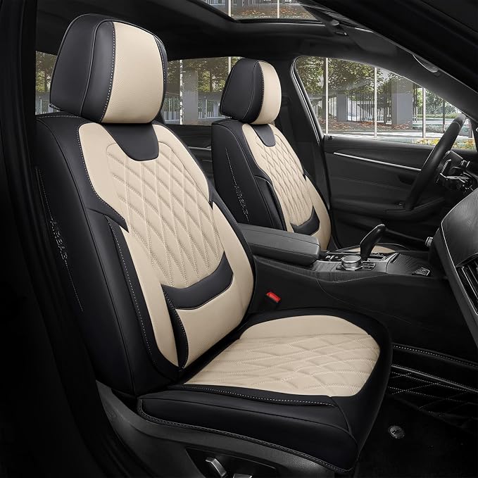 Black Beige Car Seat Covers Full Set - Faux Nappa Leather Seat Covers for Cars, Luxury Breathable Waterproof Front Seats with Lumbar Support and Back Seat Cover, Fit for Sedans SUVs Pick-ups