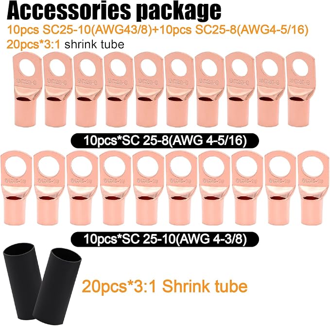 4 Gauge Wire (25Feet Black+25Feet Red) Copper Clad Aluminum CCA - Primary Automotive Power Inverter Wire,20PCS Lugs Terminal Connectors,20PCS Heat Shrink Tubing for Car Audio