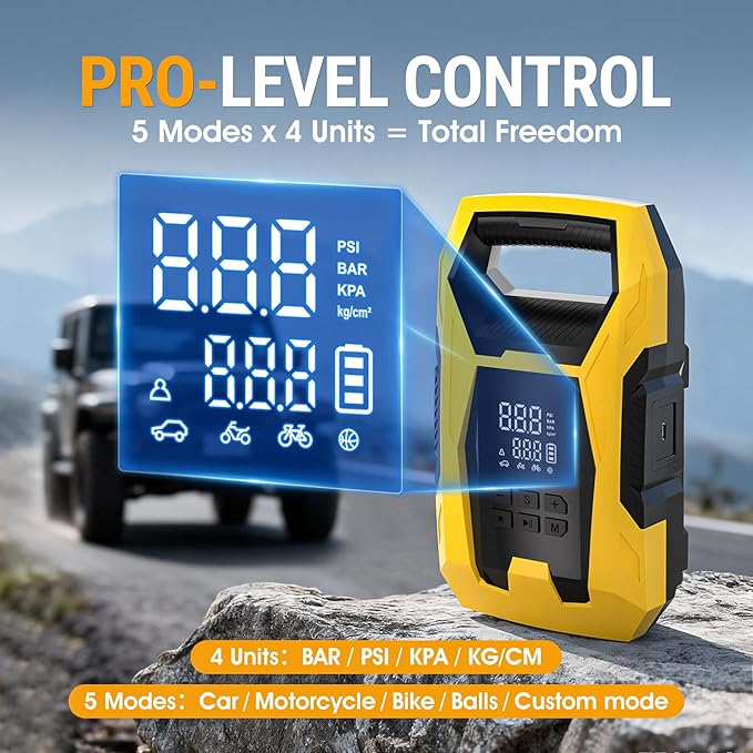 Cordless Tire Inflator Portable Air Compressor, 150 PSI Portable Air Pump for Car Tires with Digital Dual Values Display, Tire Pump for Car, Bike, Motorcycle, Ball (with 7800mAh Battery)