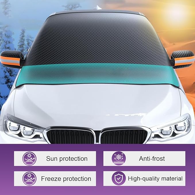 Car Windshield Snow Cover, Thickened Reflective Car Front Window Sun Protection, Secure Adsorption All-Season Windshield Snow Ice Cover with Side Window, Universal for Most Cars (Black)