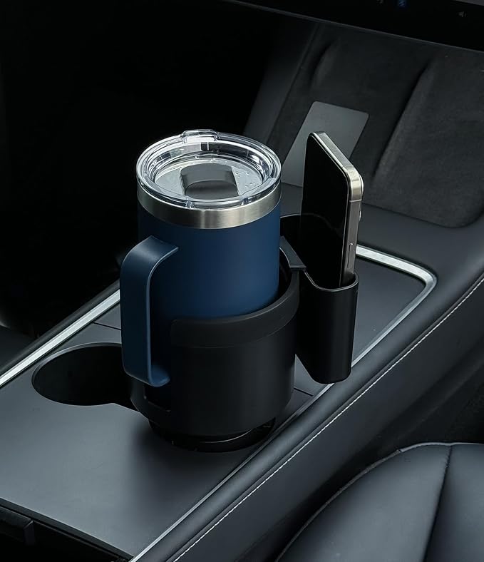 Cup Holder Expander with Phone Holder & Cable Access, 3-in-1 Car Organizer, Side Storage Box for Phone/Cards, Compatible with Yeti, Owala, Hydro Flasks & Large Bottles Mugs in 3.4"-3.8"