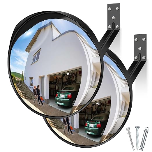 2 Pack 12 Inch Acrylic Convex Mirror with Rain Shield, Adjustable Wide Angle Security Mirror Indoor Outdoor, Blind Spot Traffic for Garage, Warehouse, Driveway, Store, Office Safety