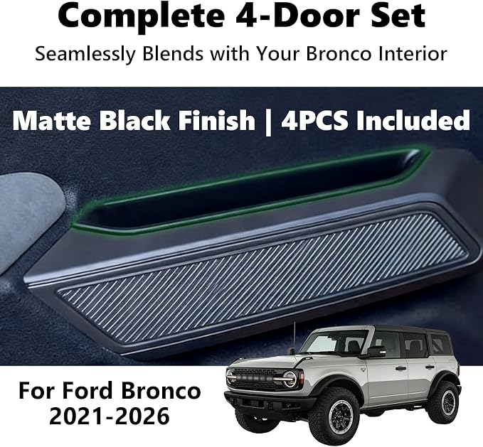 4PCS Door Pockets for Ford Bronco 4-Door 2021-2026, ABS Handle Storage Box | with Anti-Slip Mat, Black, Not for Sport or 2-Door, Tool-Free Install, Fits Ford Bronco 4-Door 2021 2022 2023 2024 2025 2026